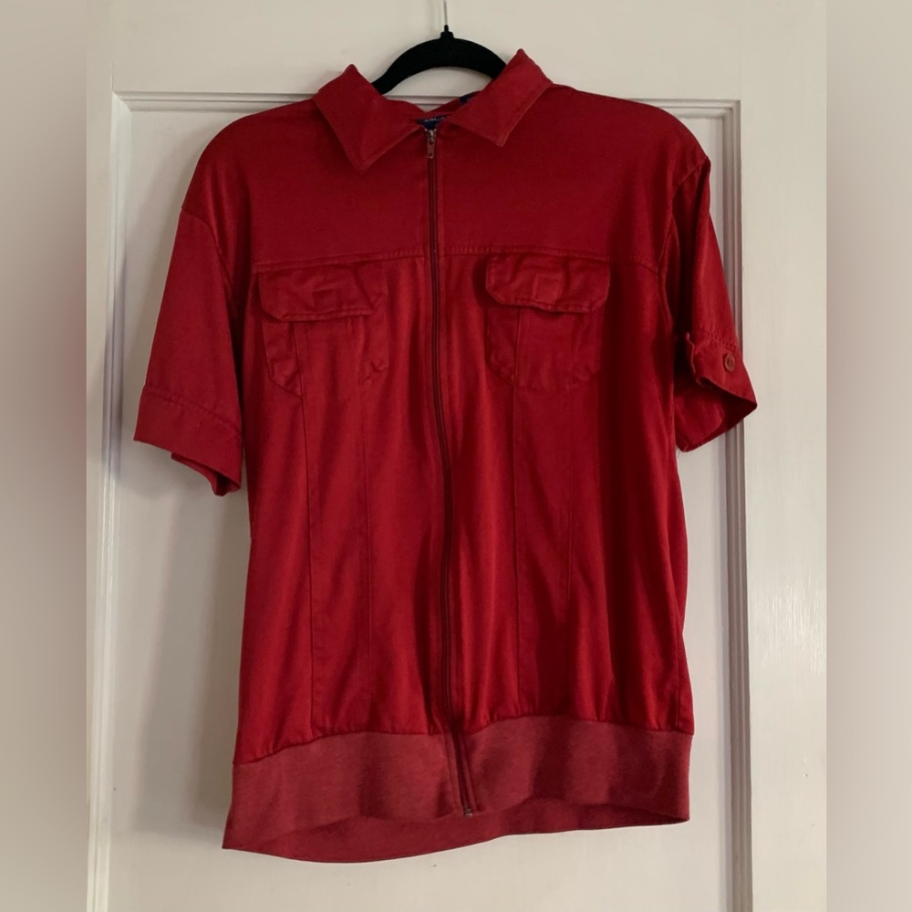 Vintage Men’s John Blair Red Zip Up Shirt w/ banding Sz Large Taiwan ROC Dad**